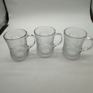 Arcoroc‎ France Glass Mugs Set of 3 Frosted Tulip Floral Embossed UV reactive